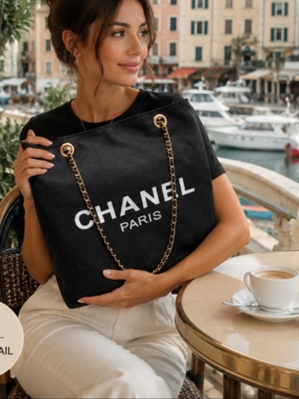 Black Canvas Tote with White Logo and Gold Chain Straps Limited Edition